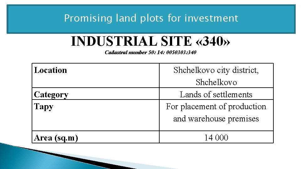 Promising land plots for investment INDUSTRIAL SITE « 340» Cadastral number 50: 14: 0050303: