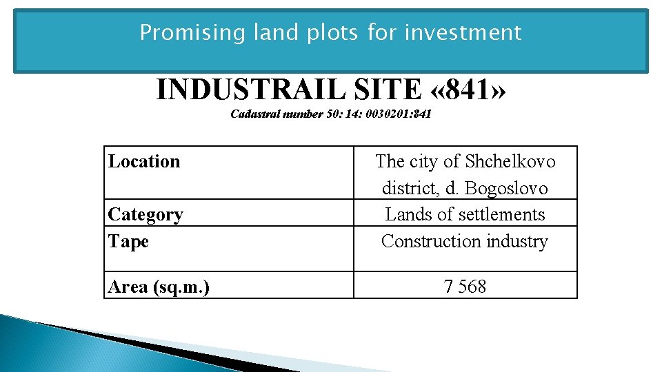 Promising land plots for investment INDUSTRAIL SITE « 841» Cadastral number 50: 14: 0030201: