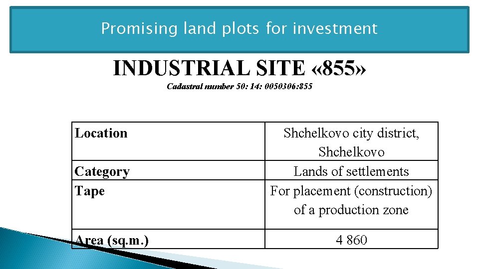 Promising land plots for investment INDUSTRIAL SITE « 855» Cadastral number 50: 14: 0050306: