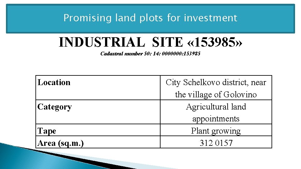 Promising land plots for investment INDUSTRIAL SITE « 153985» Cadastral number 50: 14: 0000000: