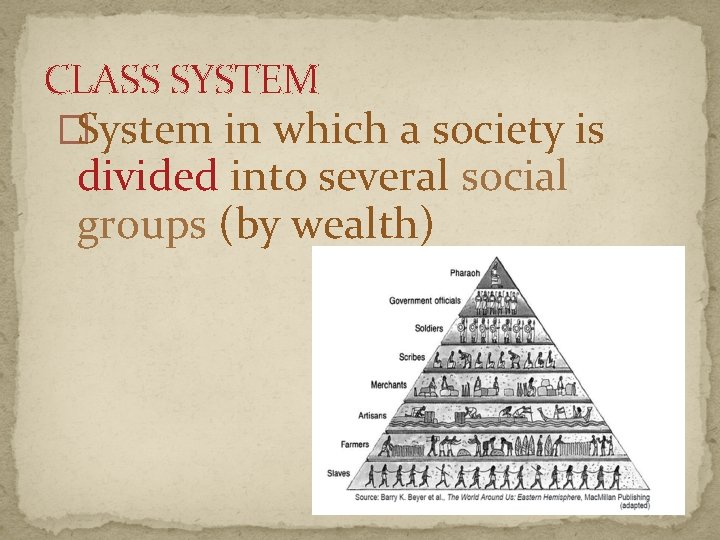 CLASS SYSTEM �System in which a society is divided into several social groups (by