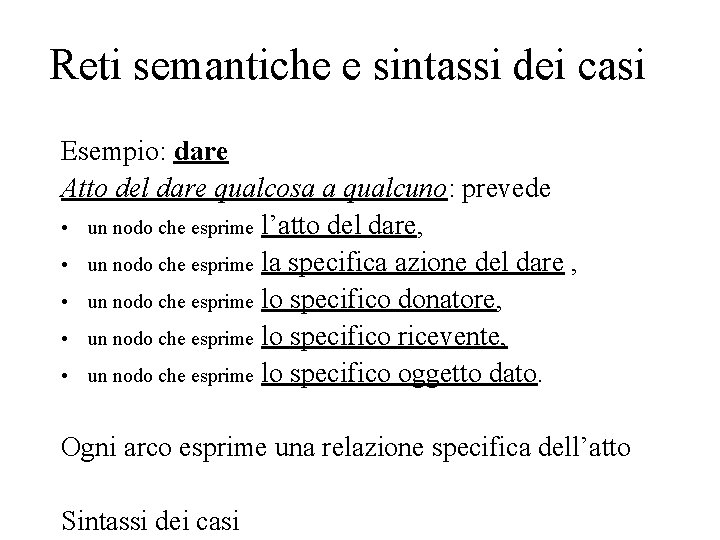 Reti semantiche e sintassi dei casi Esempio: dare Atto del dare qualcosa a qualcuno: