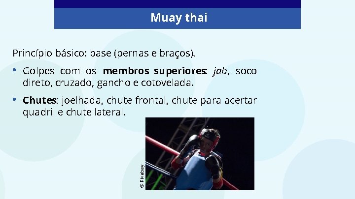 Muay thai Princípio básico: base (pernas e braços). Golpes com os membros superiores: jab,