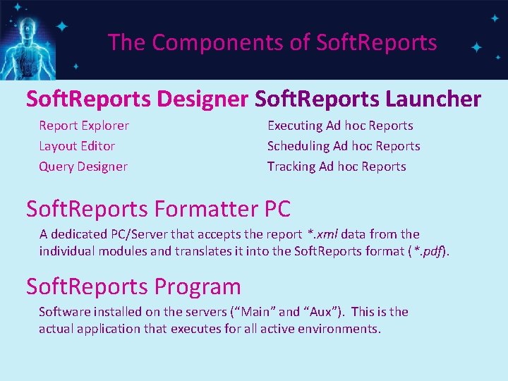 The Components of Soft. Reports Designer Soft. Reports Launcher Report Explorer Layout Editor Query