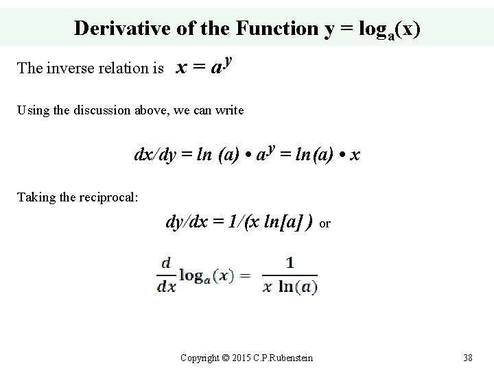 Derivative of the Function y = loga(x) The inverse relation is x = a