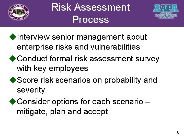 Risk Assessment Title Process u. Interview senior management about enterprise risks and vulnerabilities u.