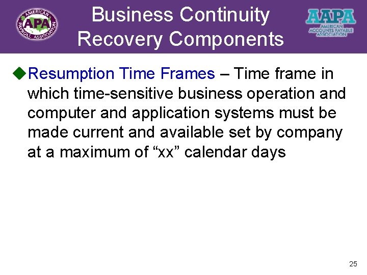 Business Continuity Title Recovery Components u. Resumption Time Frames – Time frame in which