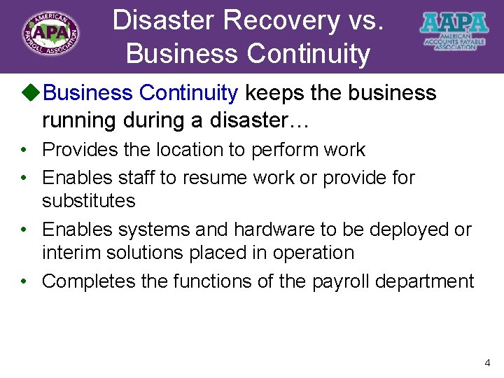 Disaster Recovery vs. Title Business Continuity u. Business Continuity keeps the business running during