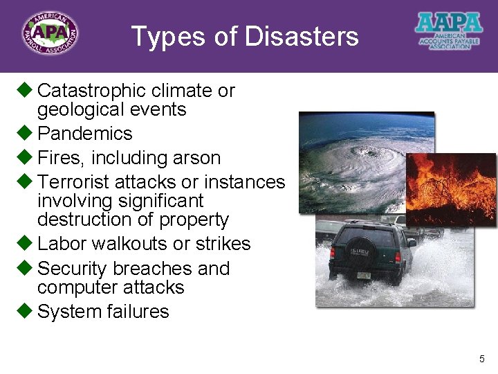 Types of Disasters Title u Catastrophic climate or geological events u Pandemics u Fires,