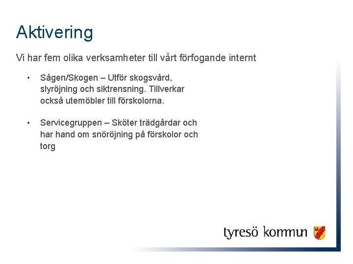 Aktivering Vi har fem olika verksamheter till vårt förfogande internt • Sågen/Skogen – Utför