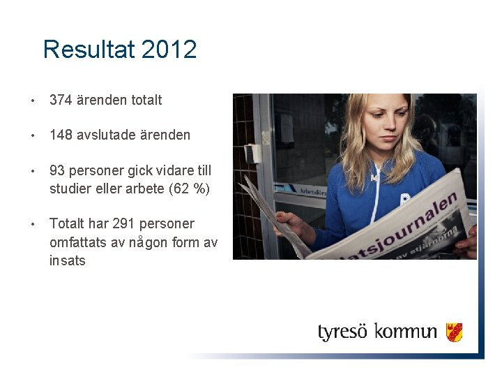 Resultat 2012 • 374 ärenden totalt • 148 avslutade ärenden • 93 personer gick