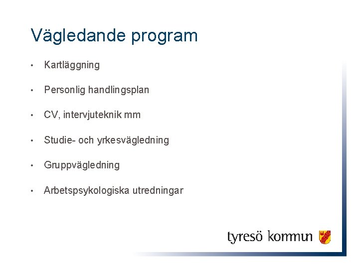 Vägledande program • Kartläggning • Personlig handlingsplan • CV, intervjuteknik mm • Studie- och