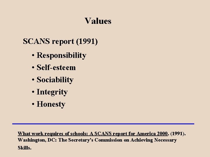 Values SCANS report (1991) • Responsibility • Self-esteem • Sociability • Integrity • Honesty