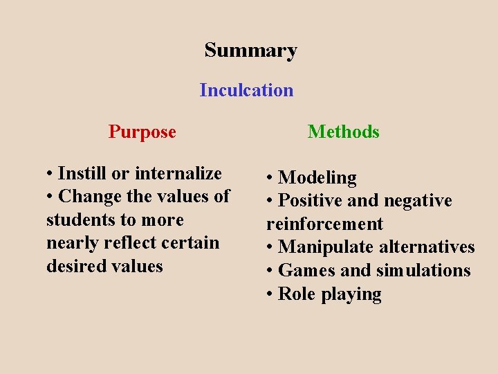 Summary Inculcation Purpose • Instill or internalize • Change the values of students to