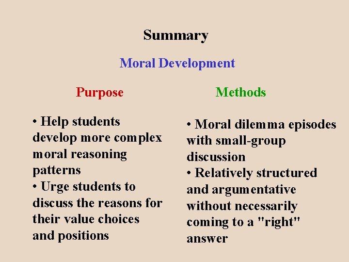 Summary Moral Development Purpose • Help students develop more complex moral reasoning patterns •