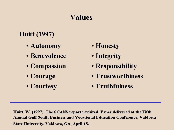 Values Huitt (1997) • Autonomy • Benevolence • Compassion • Courage • Courtesy •