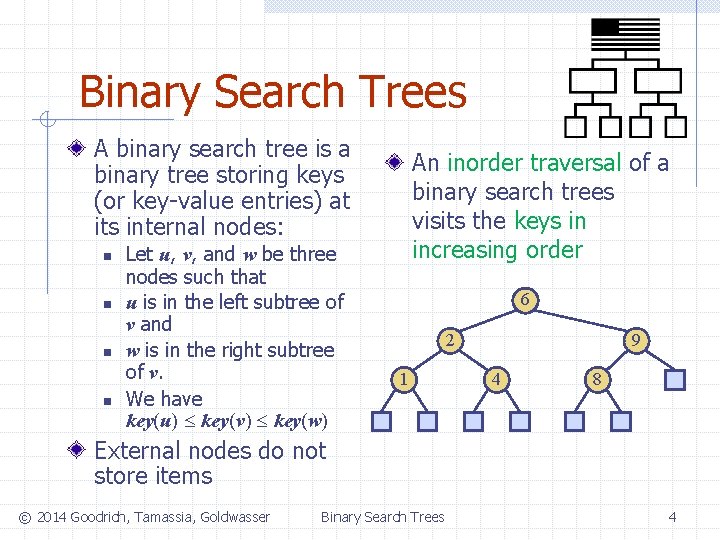 Binary Search Trees A binary search tree is a binary tree storing keys (or