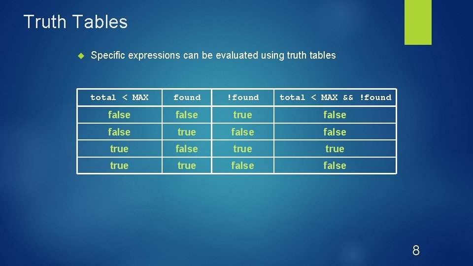 Truth Tables Specific expressions can be evaluated using truth tables total < MAX found