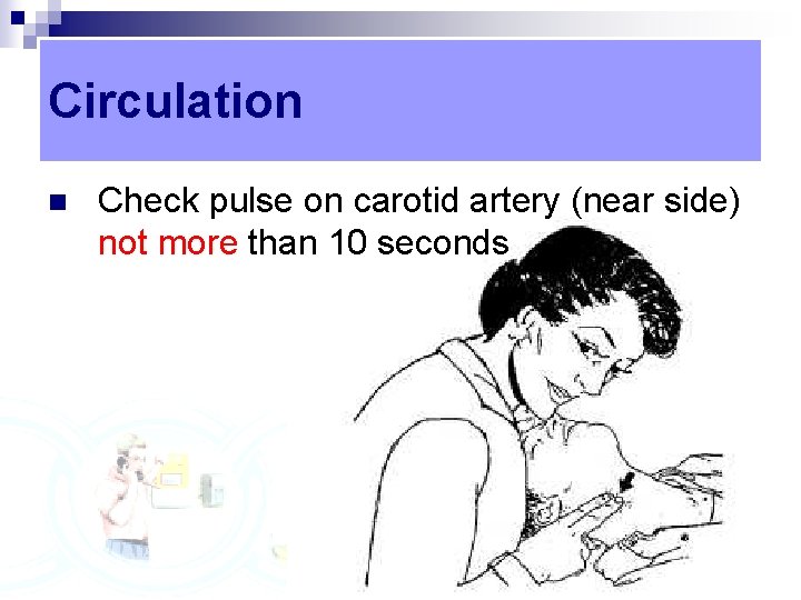 Circulation n Check pulse on carotid artery (near side) not more than 10 seconds