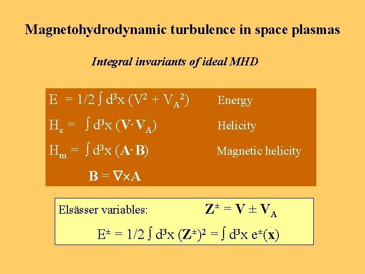 Magnetohydrodynamic turbulence in space plasmas Integral invariants of ideal MHD E = 1/2 d