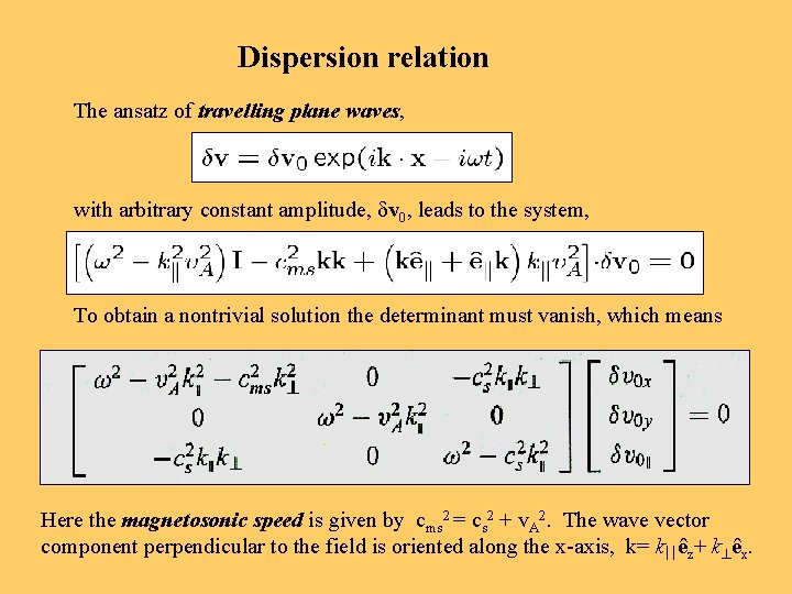 Dispersion relation The ansatz of travelling plane waves, with arbitrary constant amplitude, v 0,