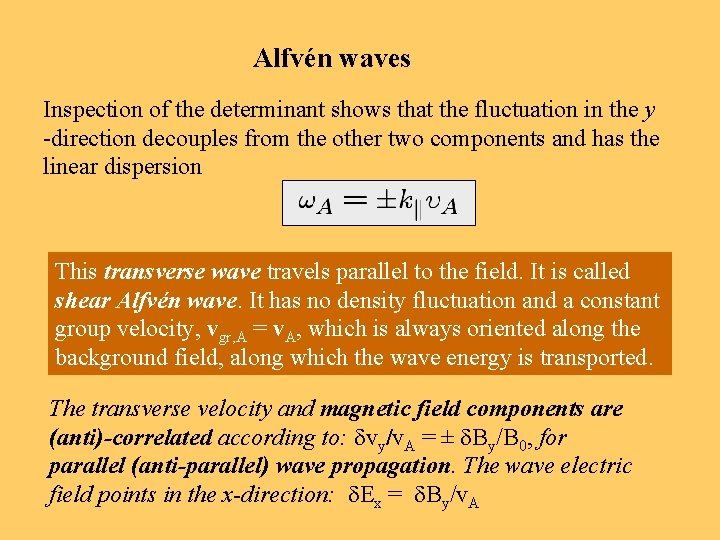 Alfvén waves Inspection of the determinant shows that the fluctuation in the y -direction