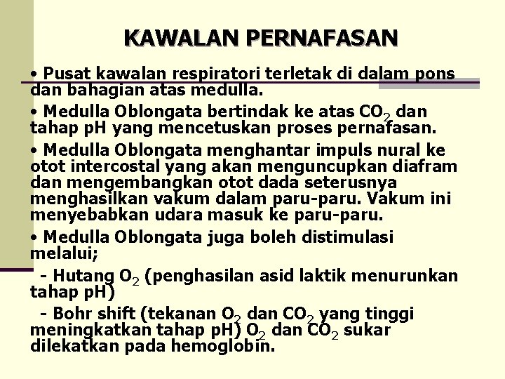 KAWALAN PERNAFASAN • Pusat kawalan respiratori terletak di dalam pons dan bahagian atas medulla.