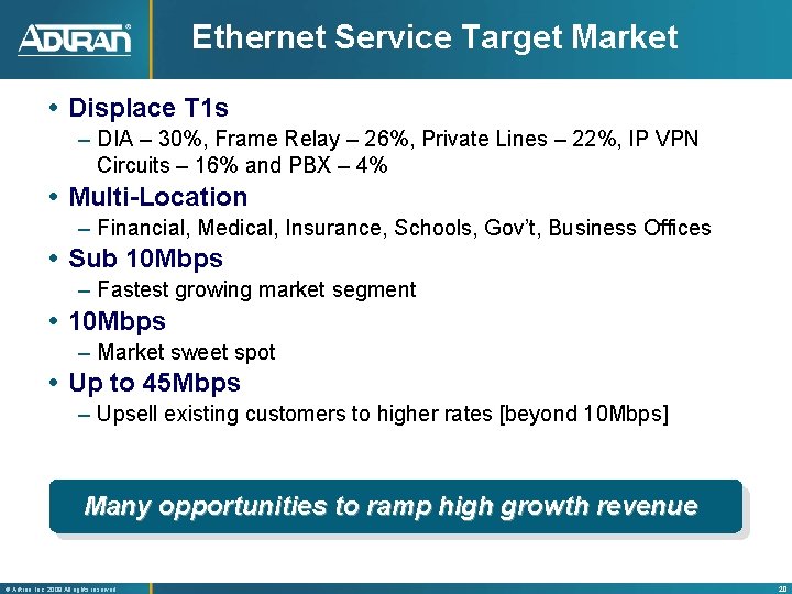 Ethernet Service Target Market Displace T 1 s – DIA – 30%, Frame Relay