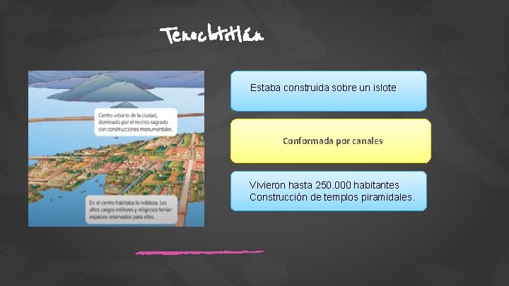 Tenochtitlán Estaba construida sobre un islote Conformada por canales Vivieron hasta 250. 000 habitantes