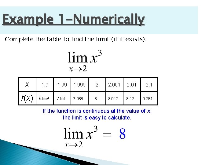 Example 1 -Numerically Complete the table to find the limit (if it exists). x Example 1 -Numerically Complete the table to find the limit (if it exists). x