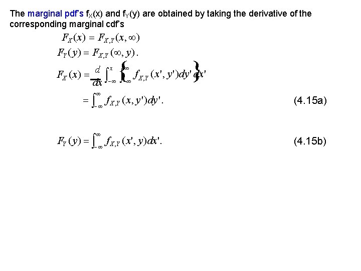 The marginal pdf’s f. X(x) and f. Y(y) are obtained by taking the derivative