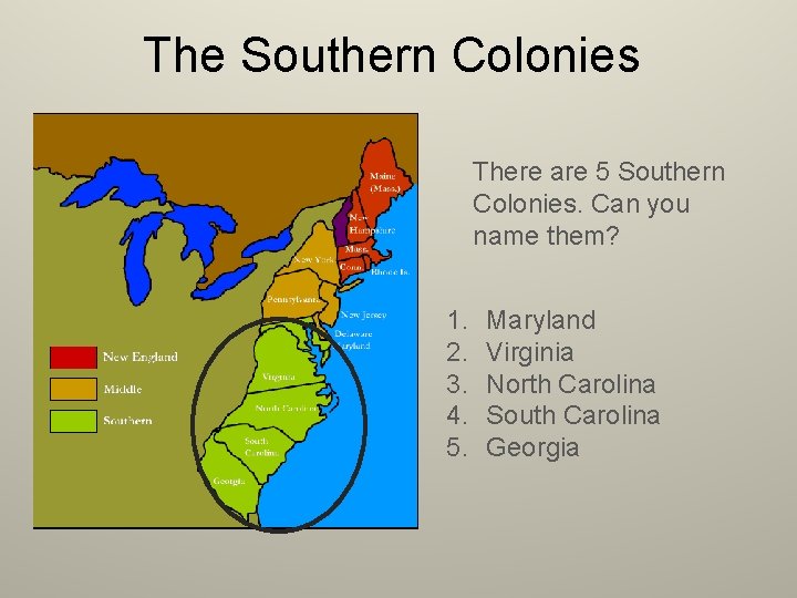 The Southern Colonies There are 5 Southern Colonies. Can you name them? 1. 2.