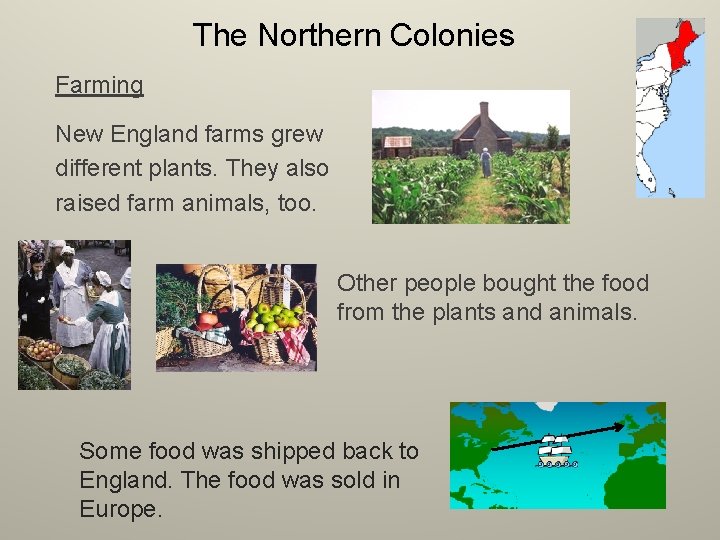 The Northern Colonies Farming New England farms grew different plants. They also raised farm