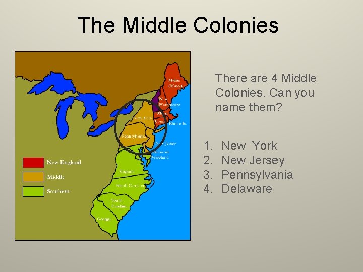 The Middle Colonies There are 4 Middle Colonies. Can you name them? 1. 2.