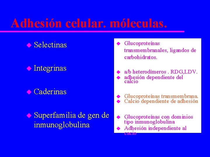 Adhesión celular. móleculas. u Selectinas u Integrinas u Caderinas u Superfamilia de gen de