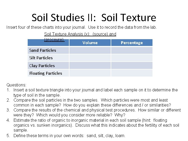 Soil Studies II: Soil Texture Insert four of these charts into your journal. Use Soil Studies II: Soil Texture Insert four of these charts into your journal. Use