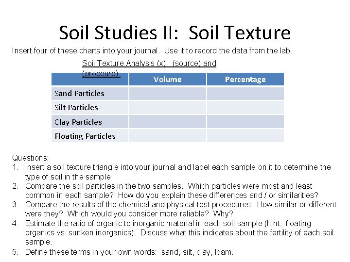 Soil Studies II: Soil Texture Insert four of these charts into your journal. Use