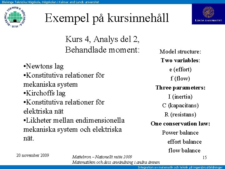 Blekinge Tekniska Högskola, Högskolan i Kalmar and Lunds universitet Exempel på kursinnehåll Kurs 4,