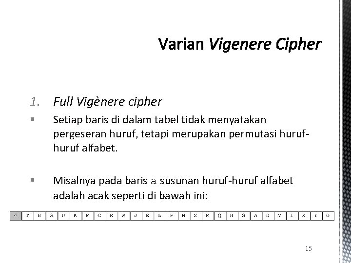 1. Full Vigènere cipher § Setiap baris di dalam tabel tidak menyatakan pergeseran huruf,