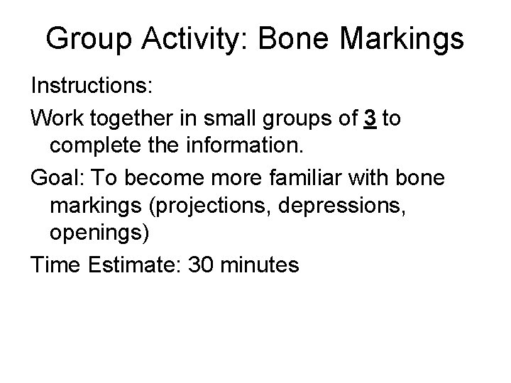 Group Activity: Bone Markings Instructions: Work together in small groups of 3 to complete