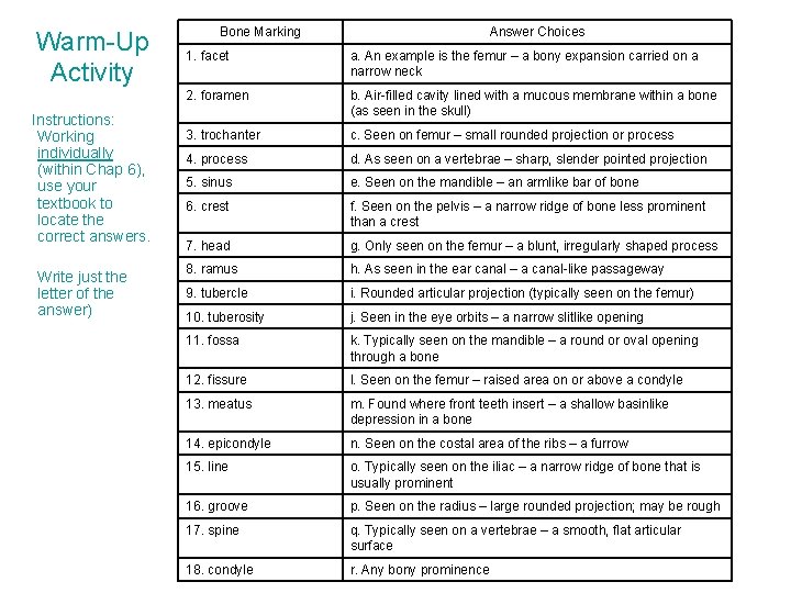 Warm-Up Activity Instructions: Working individually (within Chap 6), use your textbook to locate the