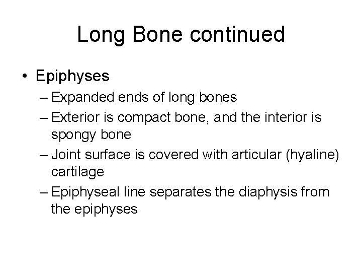Long Bone continued • Epiphyses – Expanded ends of long bones – Exterior is