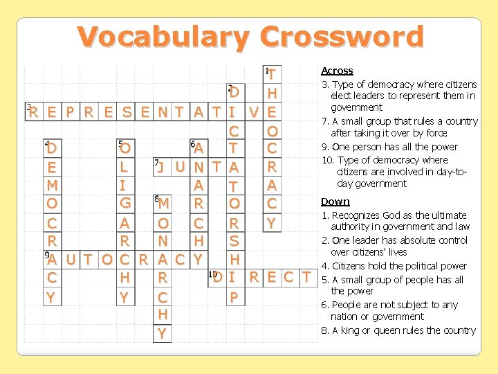 Vocabulary Crossword T D H R E P R E S E N T