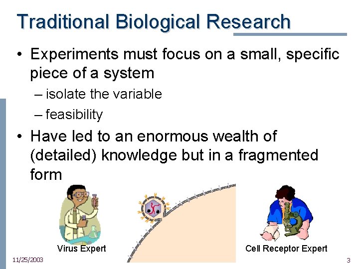Traditional Biological Research • Experiments must focus on a small, specific piece of a
