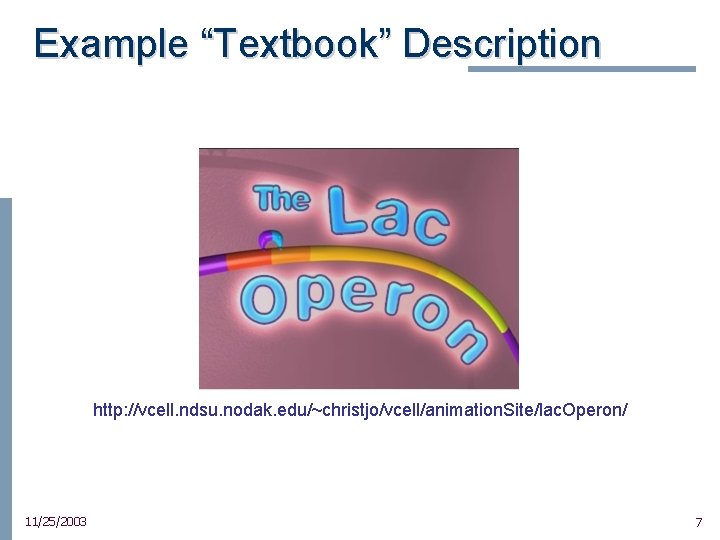 Example “Textbook” Description http: //vcell. ndsu. nodak. edu/~christjo/vcell/animation. Site/lac. Operon/ 11/25/2003 7 