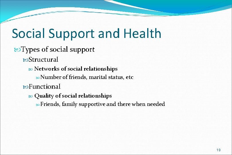 Social Support and Health Types of social support Structural Networks of social relationships Number