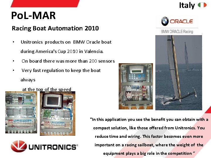 Italy Po. L-MAR Racing Boat Automation 2010 • Unitronics products on BMW Oracle boat