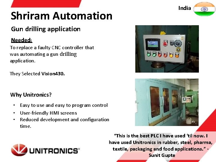 Shriram Automation India Gun drilling application Needed: To replace a faulty CNC controller that