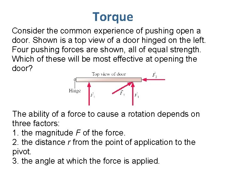 Torque Consider the common experience of pushing open a door. Shown is a top