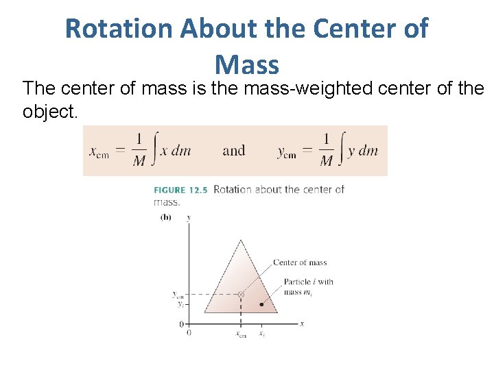 Rotation About the Center of Mass The center of mass is the mass-weighted center